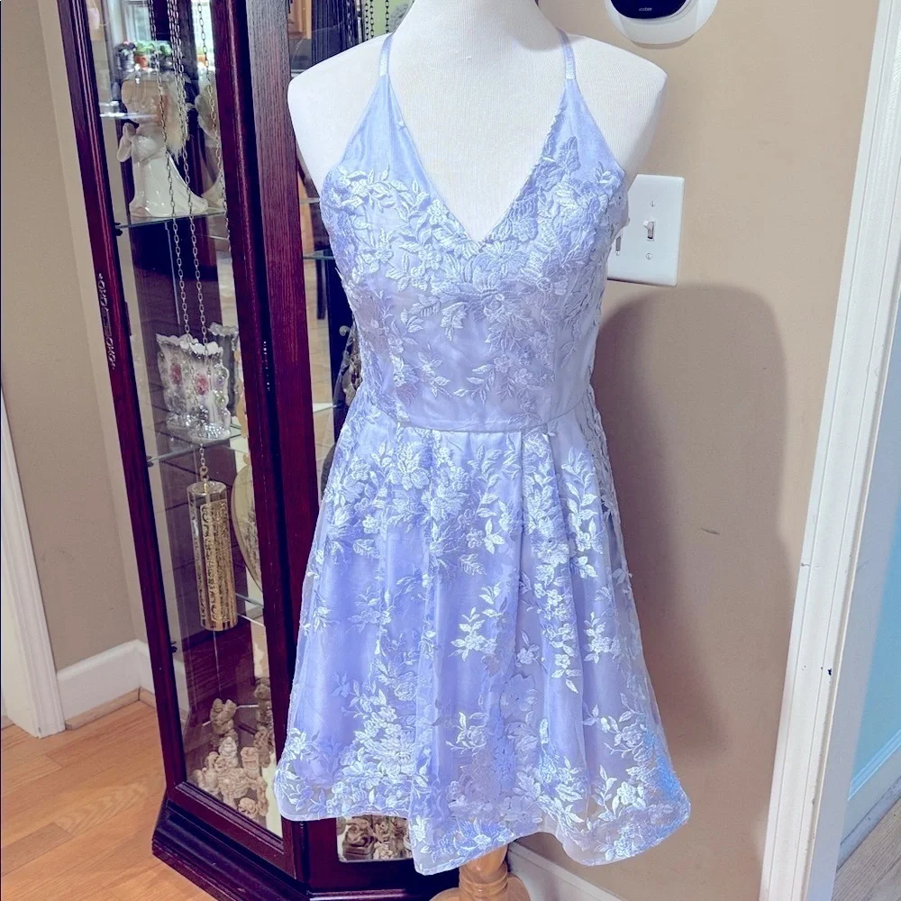 BCX  Embroidered Lined Lavender Nylon Fit & Flare Flocked Mesh Dress Sz 9